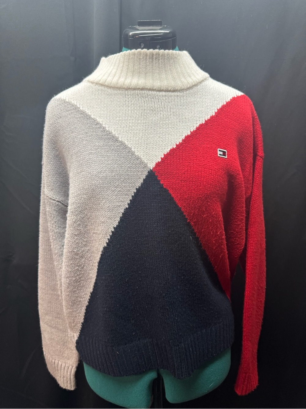 Tommy Hilfiger Colorblock Mock Neck Sweater - Red, Black & Cream
